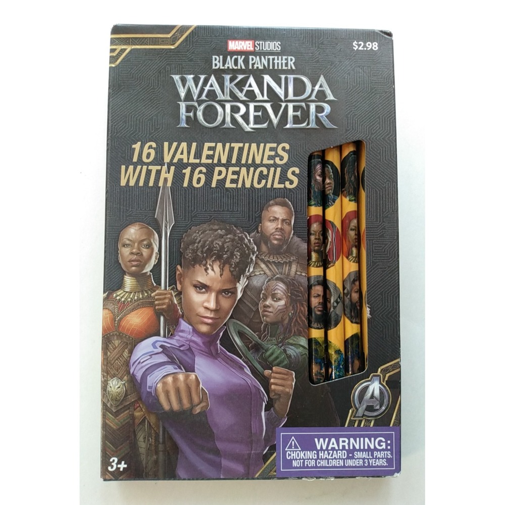Valentines Day Cards Box of 16 Black Panther Wakanda Forever W/ Pencils RARE HTF